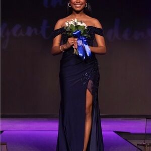 Elegant Navy Blue Off-Shoulder Gown